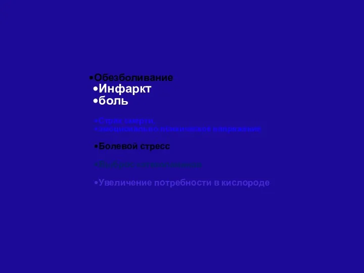 Обезболивание Инфаркт боль Страх смерти, эмоционально-психическое напряжение Болевой стресс Выброс катехоламинов Увеличение потребности в кислороде