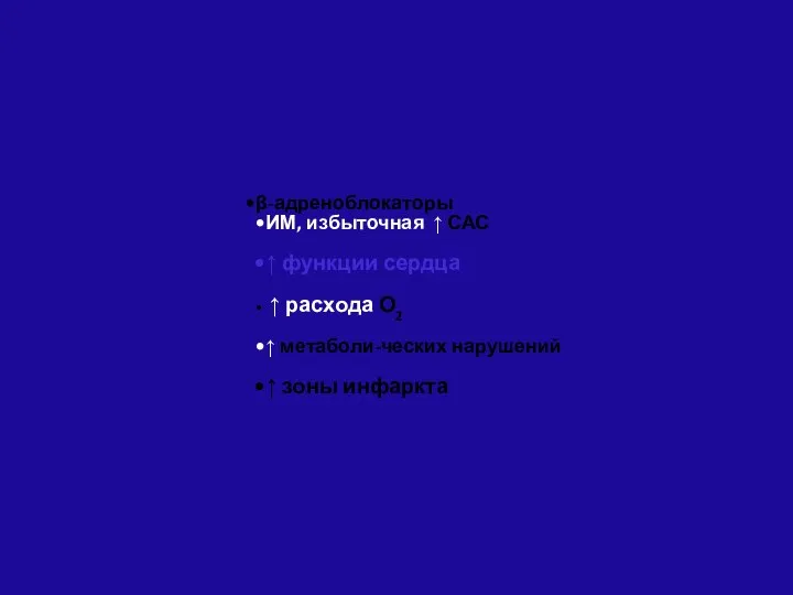 β-адреноблокаторы ИМ, избыточная ↑ САС ↑ функции сердца ↑ расхода