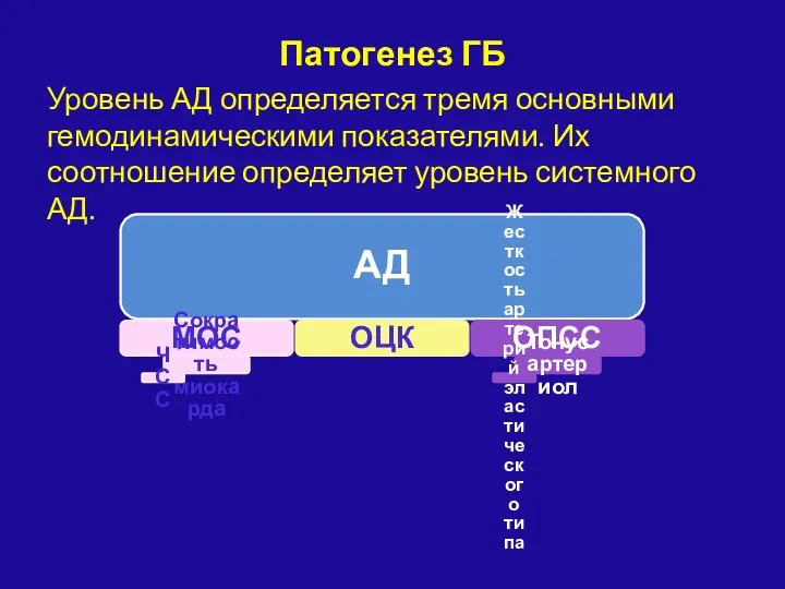 Патогенез ГБ Уровень АД определяется тремя основными гемодинамическими показателями. Их