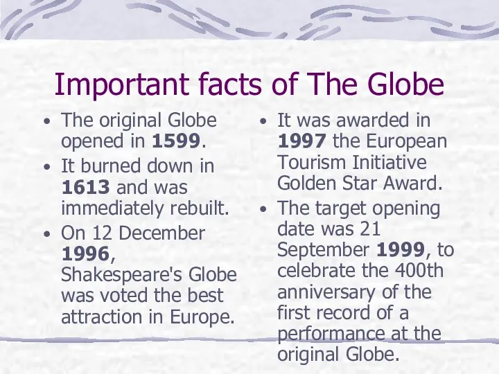 Important facts of The Globe The original Globe opened in