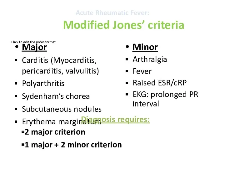 Acute Rheumatic Fever: Modified Jones’ criteria Major Carditis (Myocarditis, pericarditis, valvulitis) Polyarthritis Sydenham’s