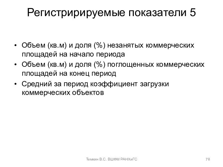 Регистририруемые показатели 5 Объем (кв.м) и доля (%) незанятых коммерческих