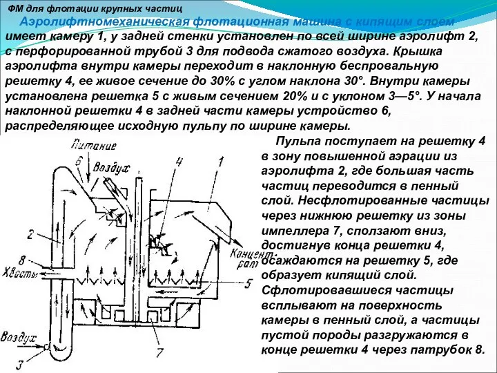 Аэролифтномеханическая флотационная машина с кипящим слоем имеет камеру 1, у задней стенки установлен