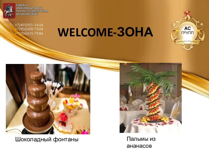 WELCOME-ЗОНА Шоколадный фонтаны Пальмы из ананасов +7(495)921-14-64 +7(926)209-73-04 +7(926)615-79-86