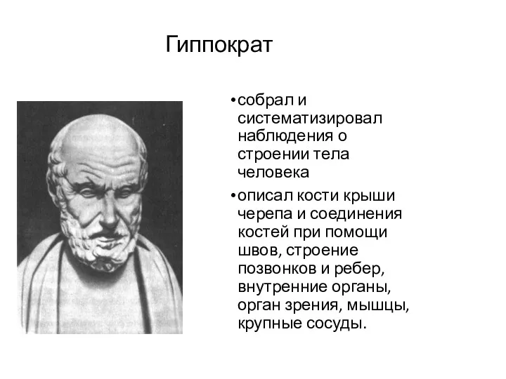 Гиппократ собрал и систематизировал наблюдения о строении тела человека описал кости крыши черепа
