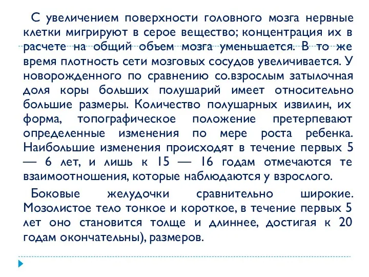 С увеличением поверхности головного мозга нервные клетки мигрируют в серое вещество; концентрация их