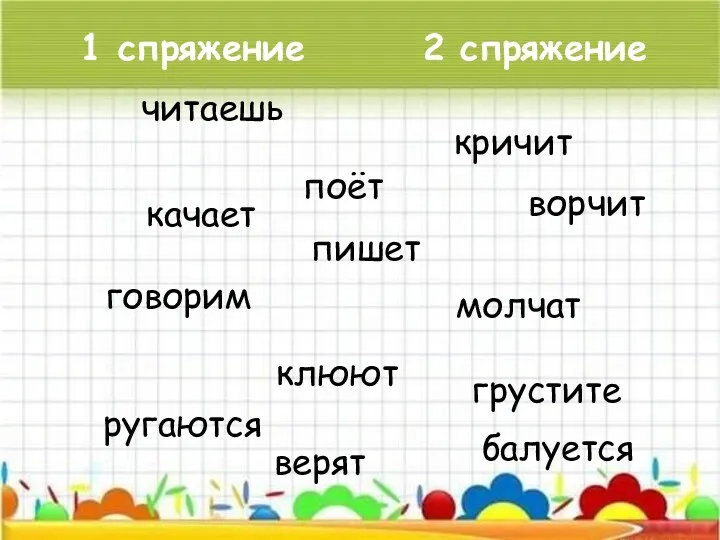 1 спряжение 2 спряжение качает пишет клюют ругаются кричит молчат