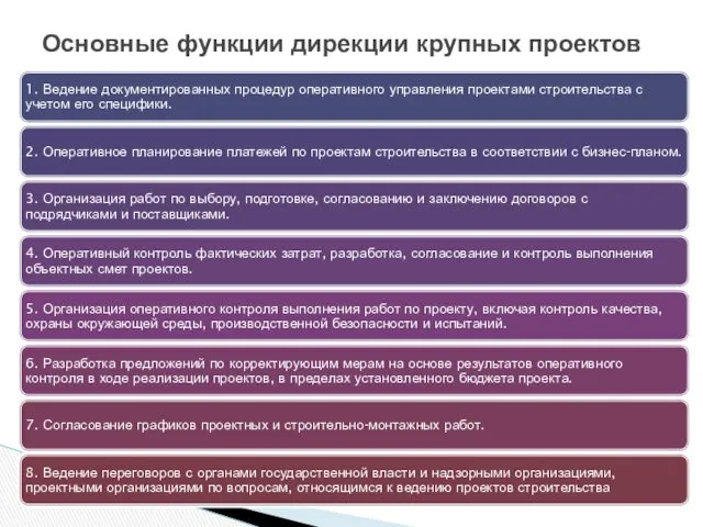 Основные функции дирекции крупных проектов