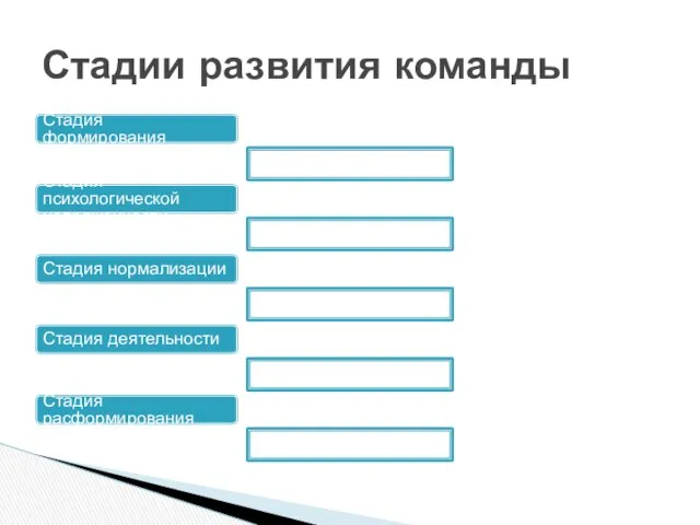 Стадия формирования Стадия психологической напряженности Стадия нормализации Стадия деятельности Стадия расформирования Стадии развития команды