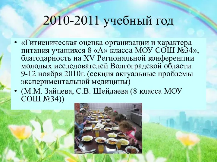 2010-2011 учебный год «Гигиеническая оценка организации и характера питания учащихся