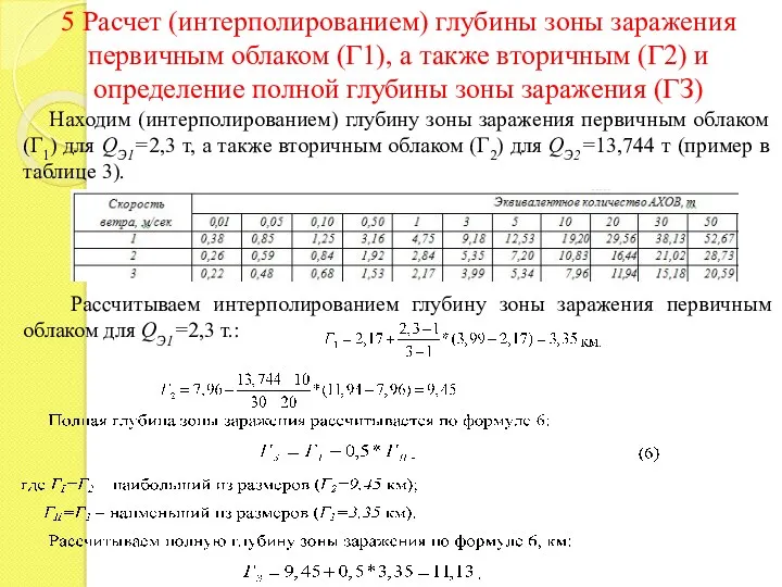 5 Расчет (интерполированием) глубины зоны заражения первичным облаком (Г1), а