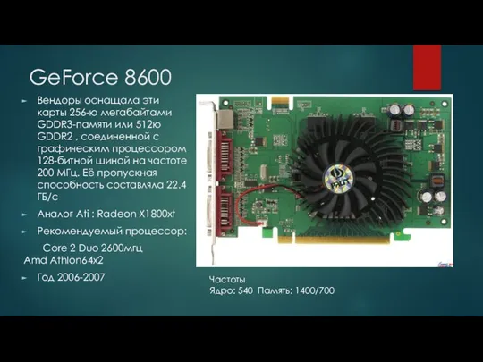 GeForce 8600 Вендоры оснащала эти карты 256-ю мегабайтами GDDR3-памяти или