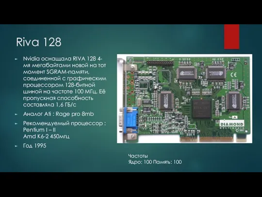 Riva 128 Nvidia оснащала RIVA 128 4-мя мегабайтами новой на