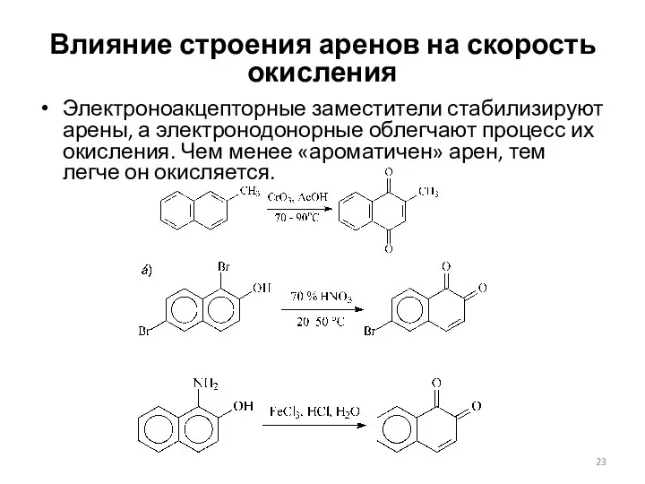 Влияние строения аренов на скорость окисления Электроноакцепторные заместители стабилизируют арены,