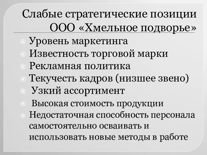 Слабые стратегические позиции ООО «Хмельное подворье» Уровень маркетинга Известность торговой