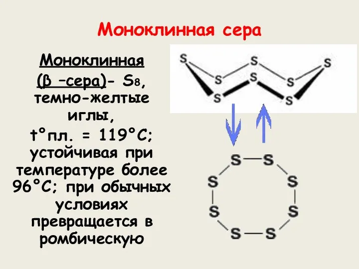 Моноклинная сера Моноклинная (β –сера)- S8, темно-желтые иглы, t°пл. =