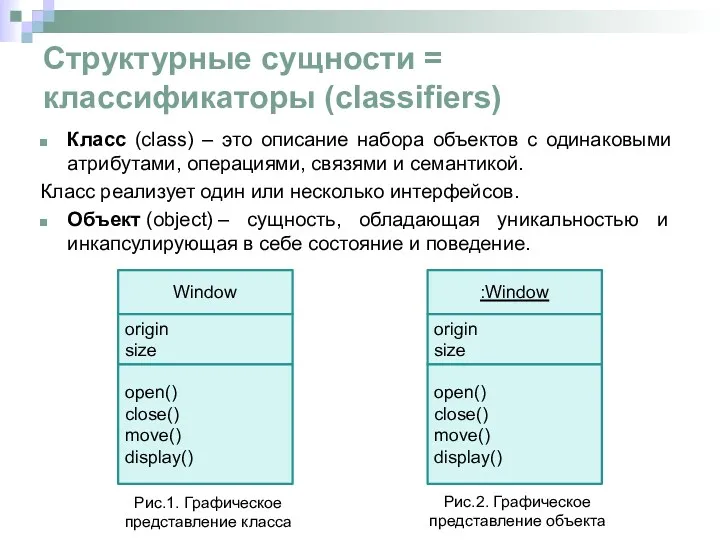 Структурные сущности = классификаторы (classifiers) Класс (class) – это описание