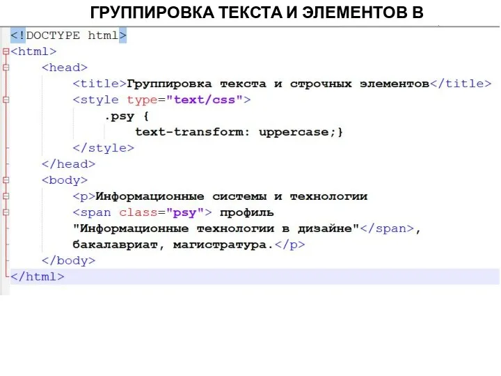 ГРУППИРОВКА ТЕКСТА И ЭЛЕМЕНТОВ В СТРОКУ