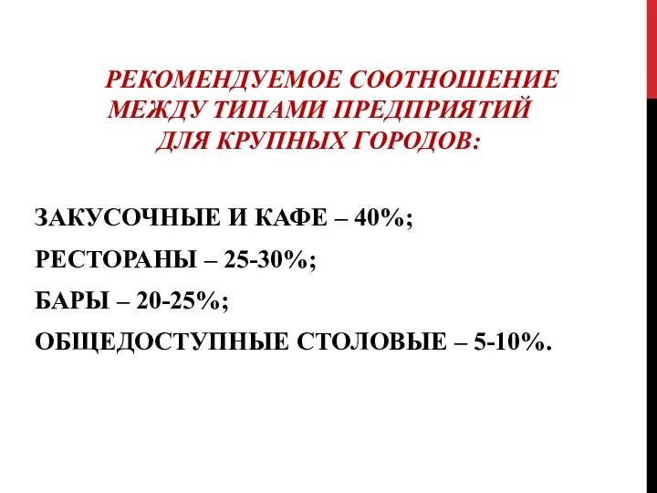 РЕКОМЕНДУЕМОЕ СООТНОШЕНИЕ МЕЖДУ ТИПАМИ ПРЕДПРИЯТИЙ ДЛЯ КРУПНЫХ ГОРОДОВ: ЗАКУСОЧНЫЕ И КАФЕ – 40%;