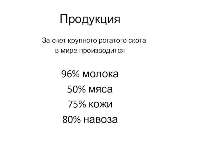 Продукция За счет крупного рогатого скота в мире производится 96%