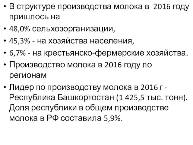 В структуре производства молока в 2016 году пришлось на 48,0%