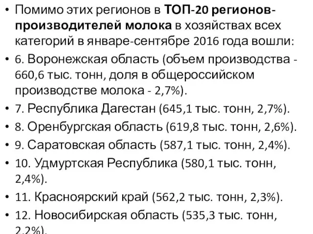 Помимо этих регионов в ТОП-20 регионов-производителей молока в хозяйствах всех