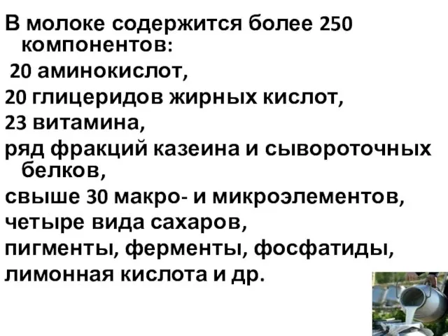 В молоке содержится более 250 компонентов: 20 аминокислот, 20 глицеридов