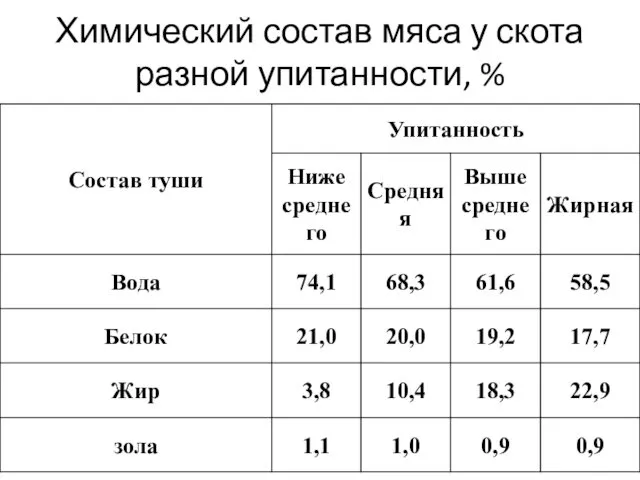 Химический состав мяса у скота разной упитанности, %