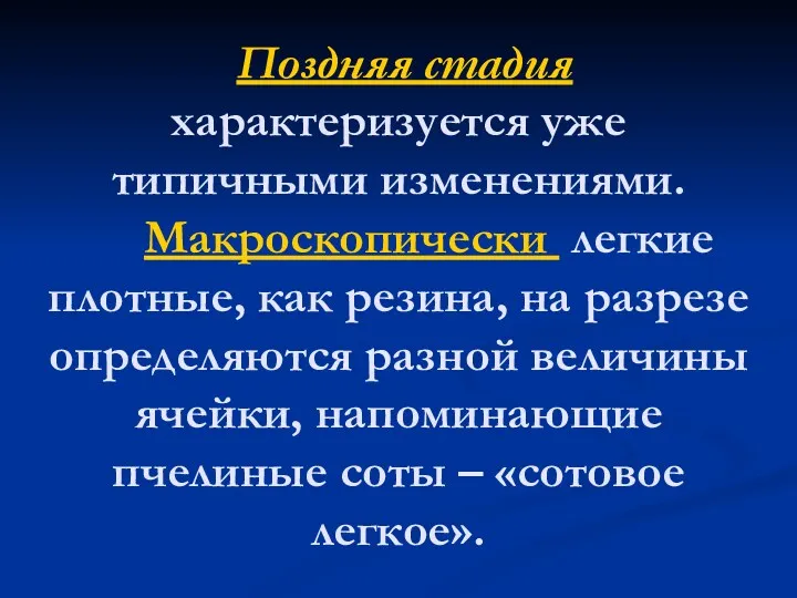 Поздняя стадия характеризуется уже типичными изменениями. Макроскопически легкие плотные, как