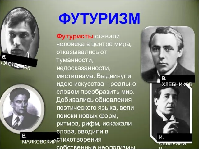 ФУТУРИЗМ В. МАЯКОВСКИЙ И. СЕВЕРЯНИН В. ХЛЕБНИКОВ Б.ПАСТЕРНАК Футуристы ставили