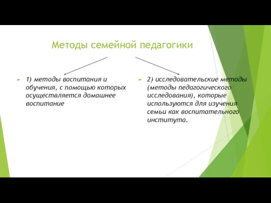 Методы семейной педагогики 1) методы воспитания и обучения, с помощью которых осуществляется домашнее