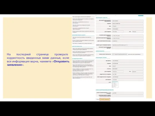 На последней странице проверьте корректность введенных вами данных, если вся информация верна, нажмите «Отправить заявление».