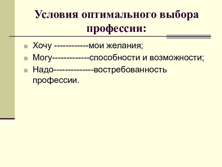 Условия оптимального выбора профессии: Хочу ------------мои желания; Могу-------------способности и возможности; Надо--------------востребованность профессии.