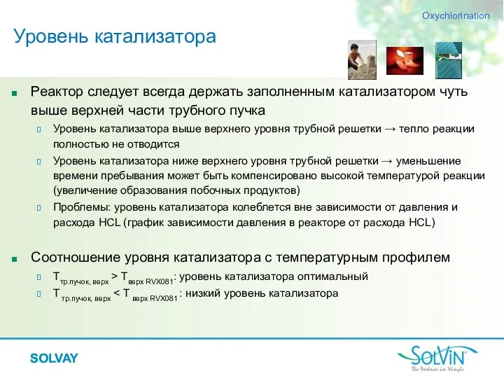 SOLVAY Реактор следует всегда держать заполненным катализатором чуть выше верхней