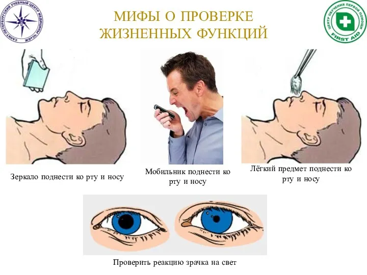 МИФЫ О ПРОВЕРКЕ ЖИЗНЕННЫХ ФУНКЦИЙ Зеркало поднести ко рту и носу Лёгкий предмет