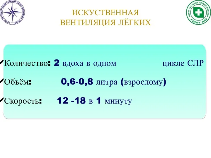 ИСКУСТВЕННАЯ ВЕНТИЛЯЦИЯ ЛЁГКИХ Количество: 2 вдоха в одном цикле СЛР