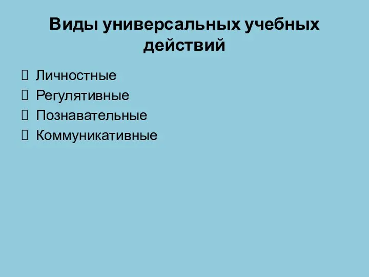 Виды универсальных учебных действий Личностные Регулятивные Познавательные Коммуникативные