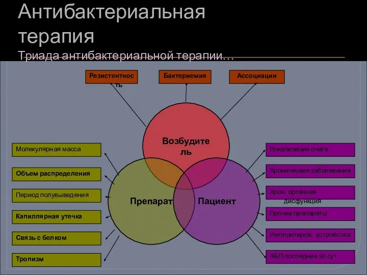 Антибактериальная терапия Триада антибактериальной терапии… Резистентность Бактериемия Ассоциации Молекулярная масса