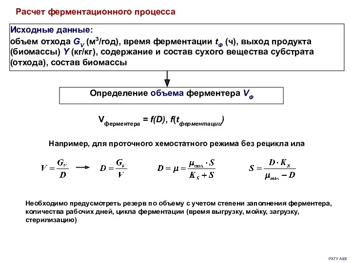 РХТУ АЕК Расчет ферментационного процесса Vферментера = f(D), f(tферментации) Необходимо