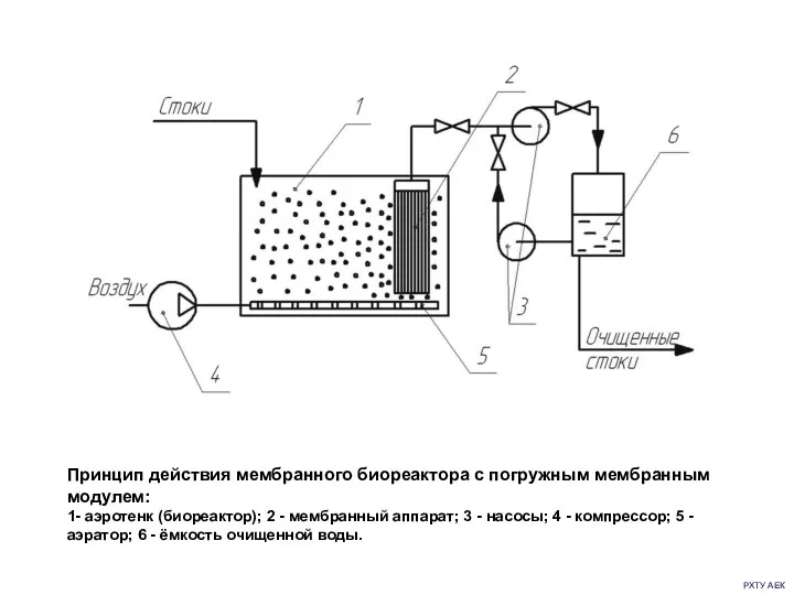 РХТУ АЕК Принцип действия мембранного биореактора с погружным мембранным модулем: