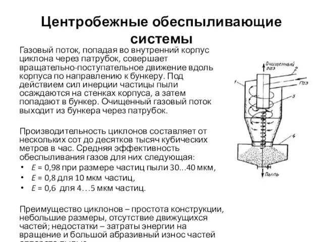 Центробежные обеспыливающие системы Газовый поток, попадая во внутренний корпус циклона