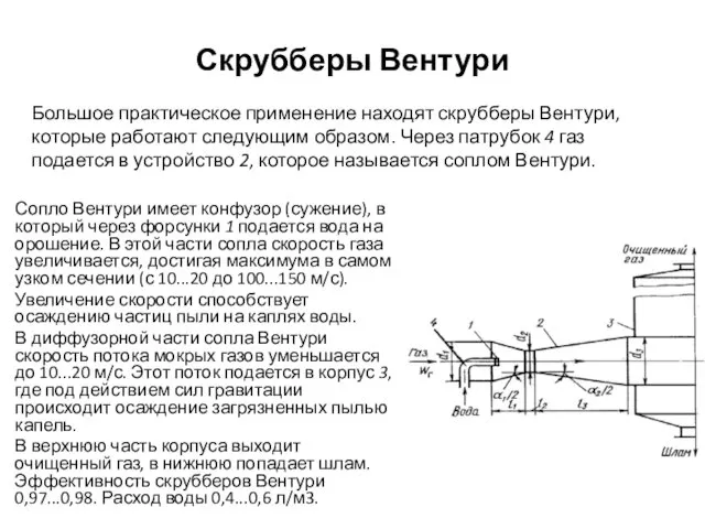 Скрубберы Вентури Сопло Вентури имеет конфузор (сужение), в который через