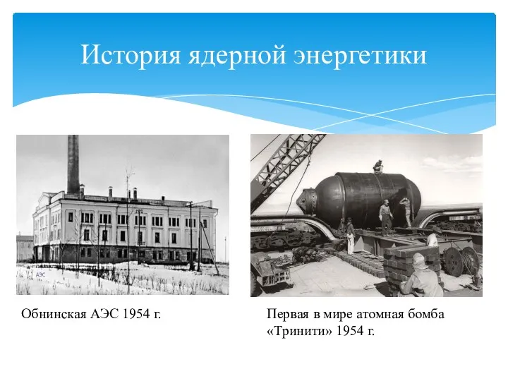 Обнинская АЭС 1954 г. История ядерной энергетики Первая в мире атомная бомба «Тринити» 1954 г.