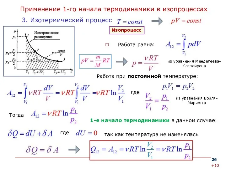 Применение 1-го начала термодинамики в изопроцессах Работа равна: 3. Изотермический процесс Изопроцесс 1-е