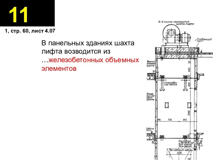 11 В панельных зданиях шахта лифта возводится из …железобетонных объемных элементов 1, стр. 60, лист 4.07