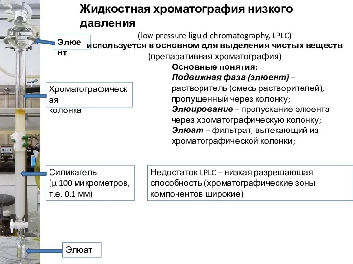 Жидкостная хроматография низкого давления (low pressure liguid chromatography, LPLC) используется