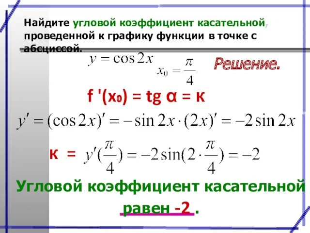 Решение. f '(x₀) = tg α = к Угловой коэффициент касательной равен -2 .