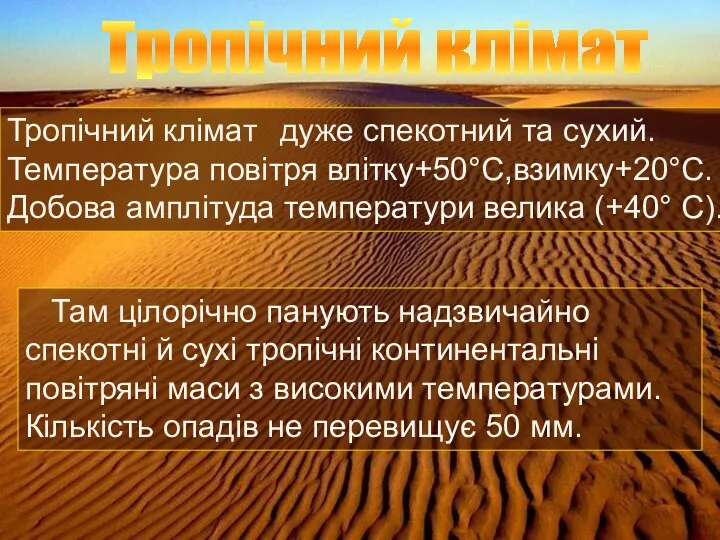 Тропічний клімат Тропічний клімат дуже спекотний та сухий. Температура повітря