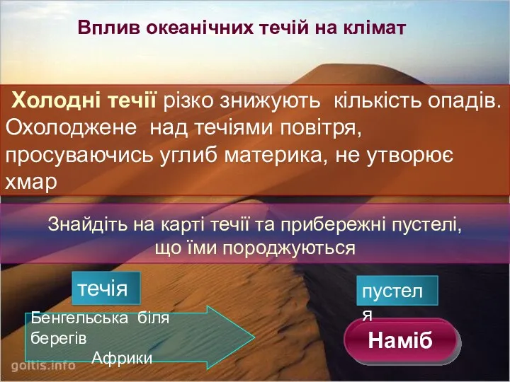 Вплив океанічних течій на клімат Холодні течії різко знижують кількість