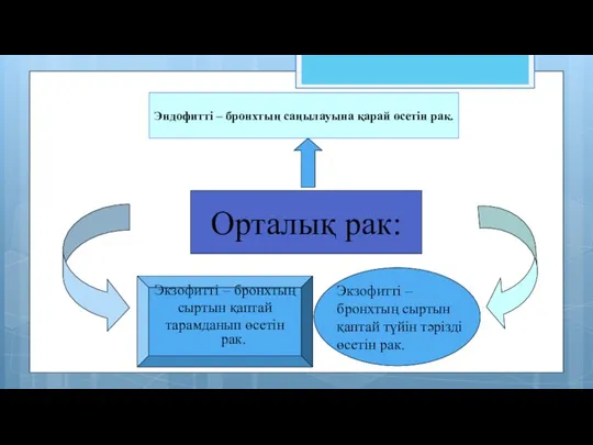 Орталық рак: Эндофитті – бронхтың саңылауына қарай өсетін рак. Экзофитті – бронхтың сыртын